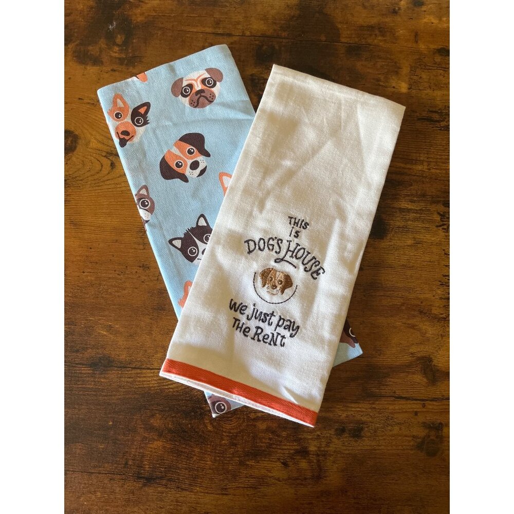 Set Of 2 Dog-Lovers Themed Kitchen Towels Embroidery & Cartoon Prints 100 Cotton